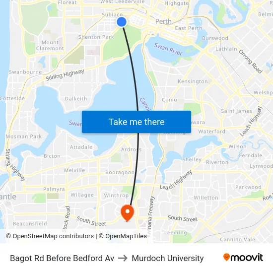 Bagot Rd Before Bedford Av to Murdoch University map