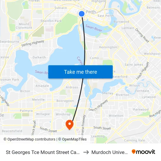 St Georges Tce Mount Street Cat Id 30 to Murdoch University map