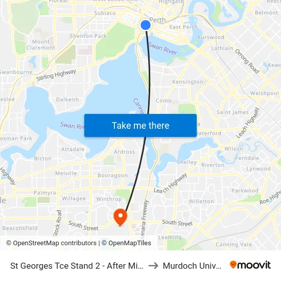 St Georges Tce Stand 2 - After Milligan St to Murdoch University map