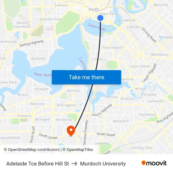 Adelaide Tce Before Hill St to Murdoch University map