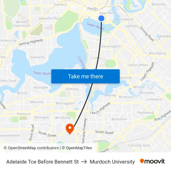 Adelaide Tce Before Bennett St to Murdoch University map