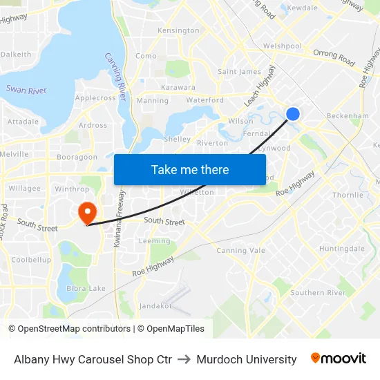 Albany Hwy Carousel Shop Ctr to Murdoch University map