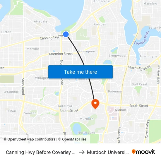 Canning Hwy Before Coverley St to Murdoch University map