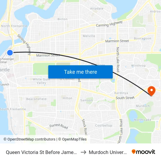 Queen Victoria St Before James St to Murdoch University map