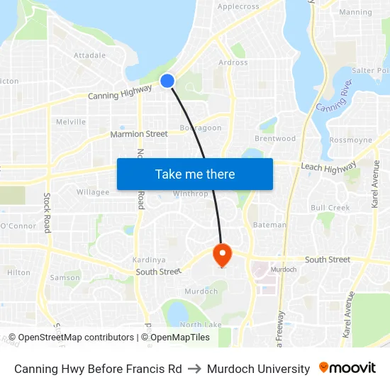 Canning Hwy Before Francis Rd to Murdoch University map