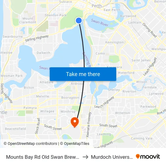 Mounts Bay Rd Old Swan Brewery to Murdoch University map