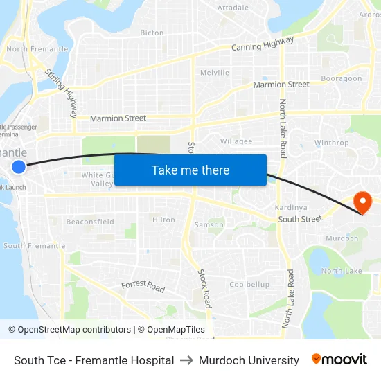 South Tce - Fremantle Hospital to Murdoch University map
