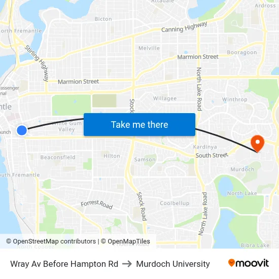 Wray Av Before Hampton Rd to Murdoch University map