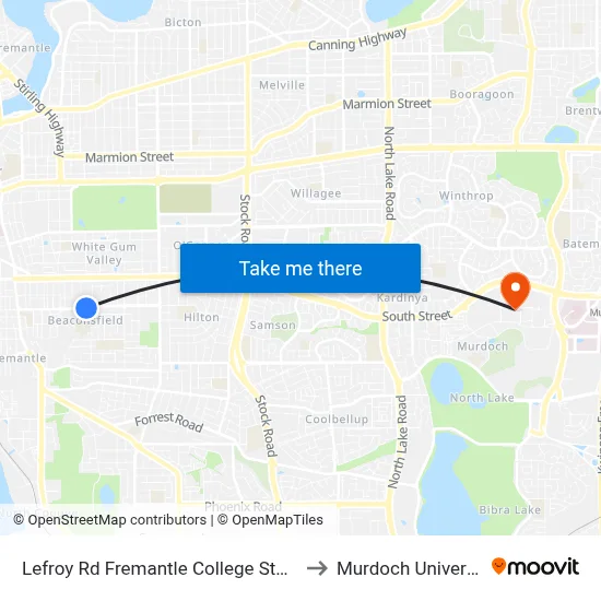 Lefroy Rd Fremantle College Stand 1 to Murdoch University map