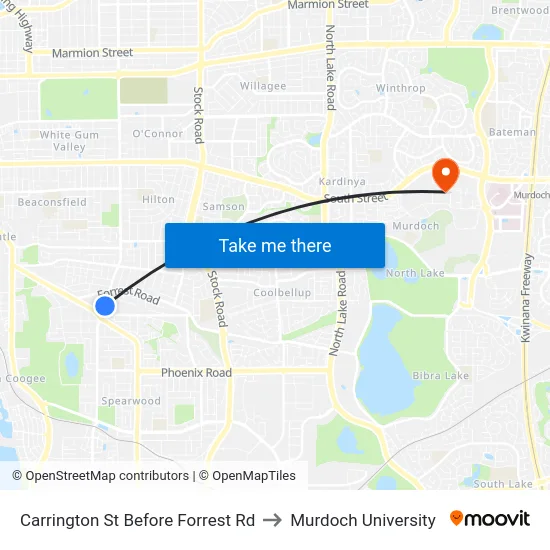 Carrington St Before Forrest Rd to Murdoch University map