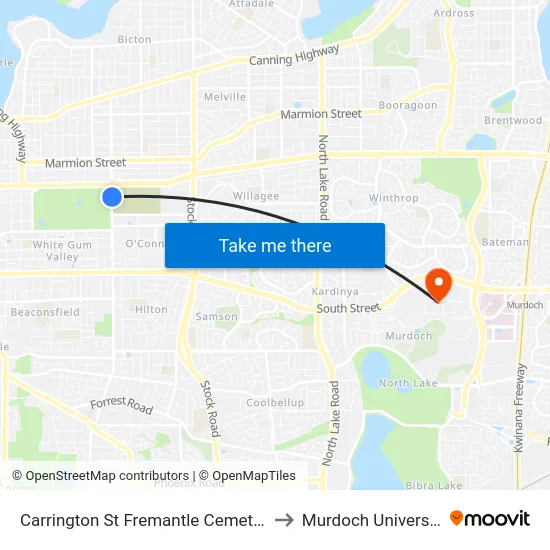 Carrington St Fremantle Cemetery to Murdoch University map