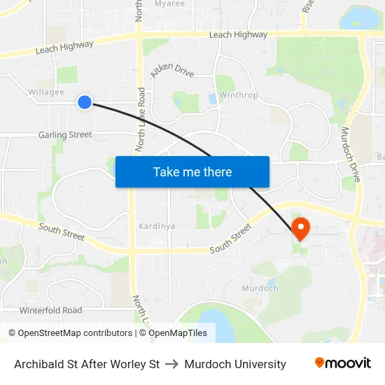 Archibald St After Worley St to Murdoch University map