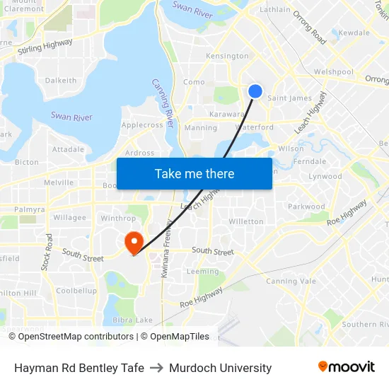 Hayman Rd Bentley Tafe to Murdoch University map