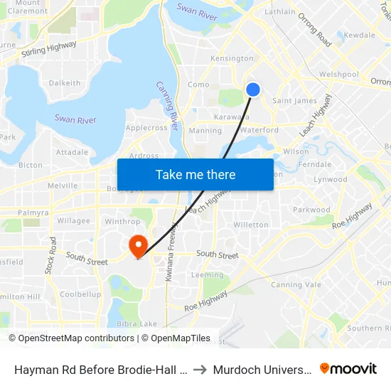 Hayman Rd Before Brodie-Hall Dr to Murdoch University map