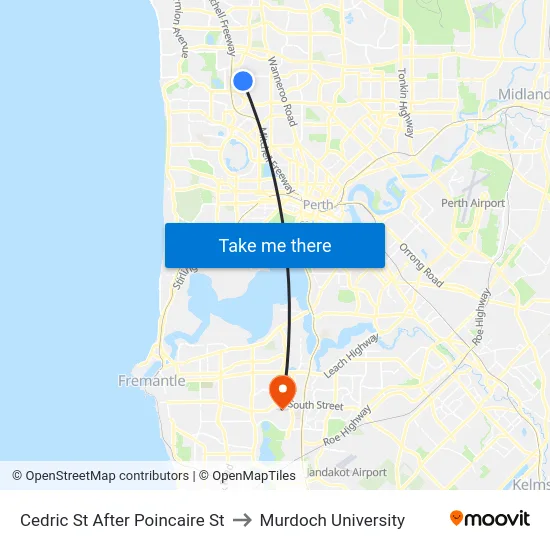 Cedric St After Poincaire St to Murdoch University map