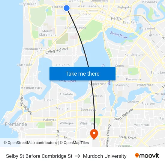 Selby St Before Cambridge St to Murdoch University map