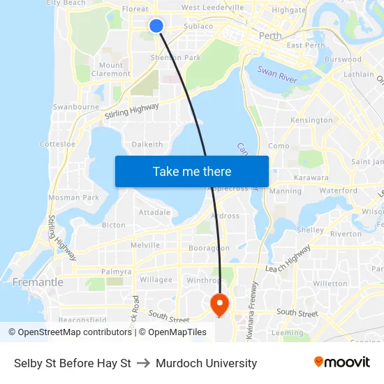 Selby St Before Hay St to Murdoch University map