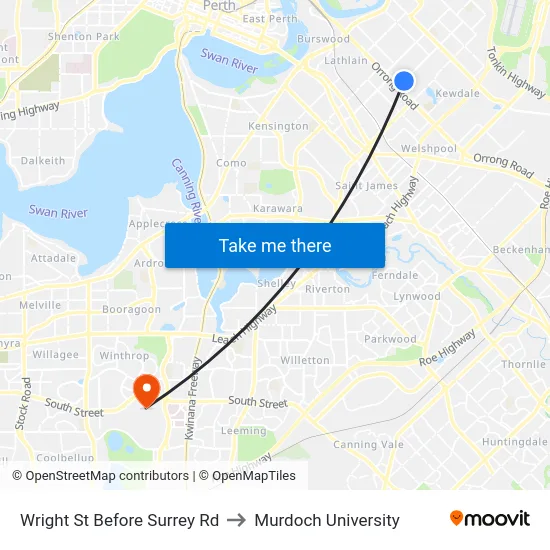 Wright St Before Surrey Rd to Murdoch University map