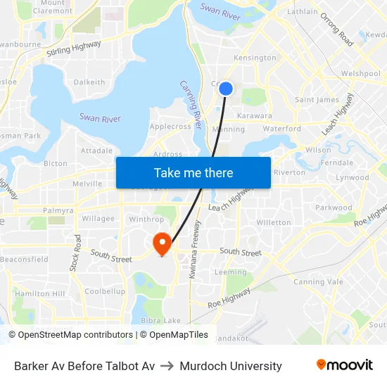 Barker Av Before Talbot Av to Murdoch University map