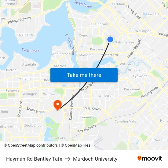 Hayman Rd Bentley Tafe to Murdoch University map
