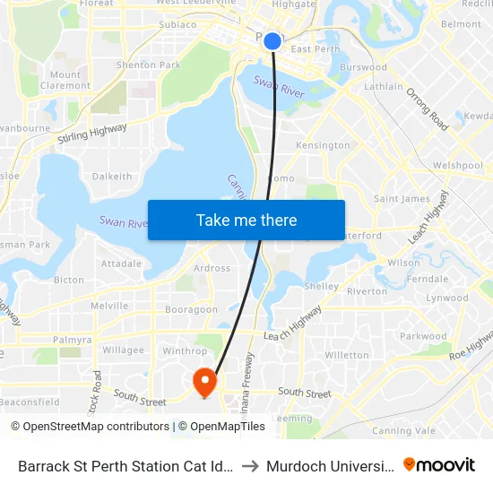 Barrack St Perth Station Cat Id 4 to Murdoch University map