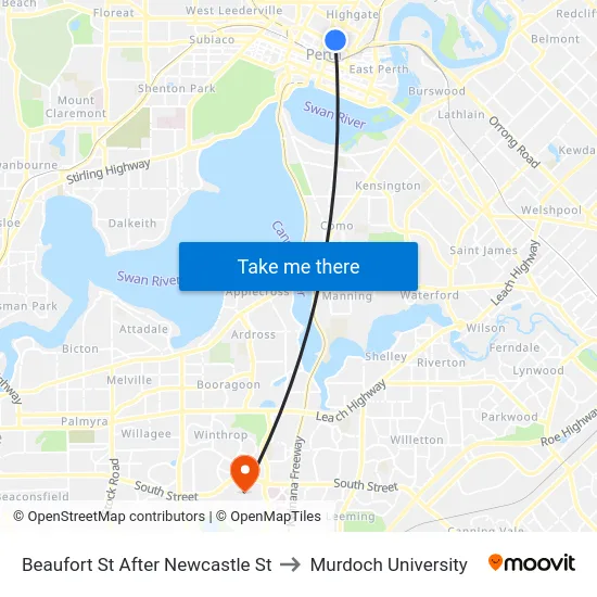 Beaufort St After Newcastle St to Murdoch University map