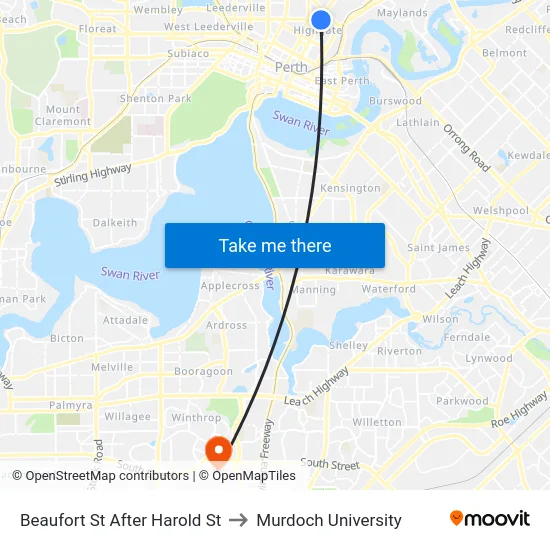 Beaufort St After Harold St to Murdoch University map