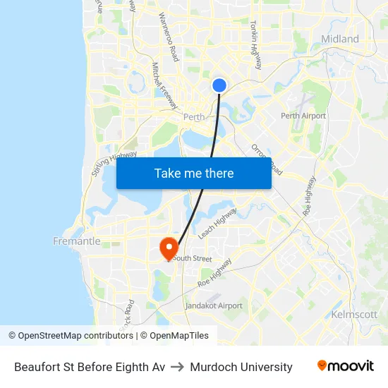 Beaufort St Before Eighth Av to Murdoch University map
