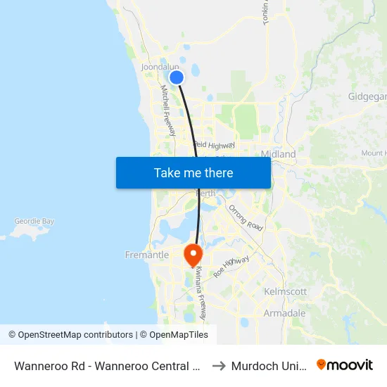 Wanneroo Rd - Wanneroo Central Shopping Ctr to Murdoch University map