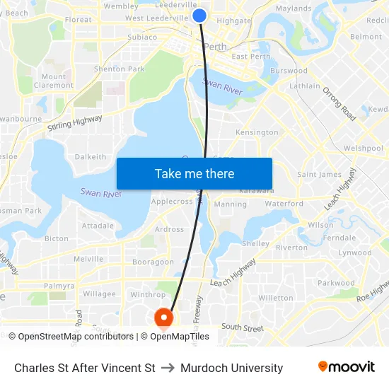 Charles St After Vincent St to Murdoch University map