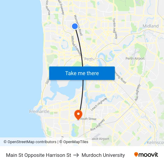 Main St Opposite Harrison St to Murdoch University map