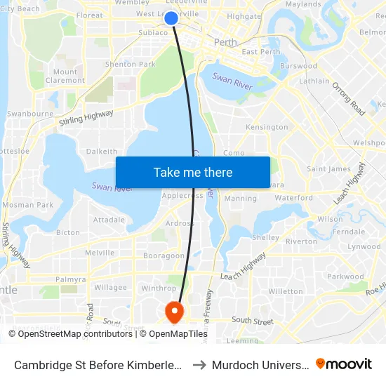 Cambridge St Before Kimberley St to Murdoch University map