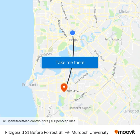 Fitzgerald St Before Forrest St to Murdoch University map
