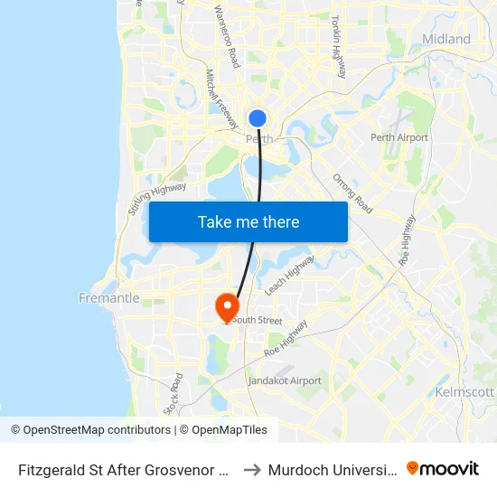 Fitzgerald St After Grosvenor Rd to Murdoch University map