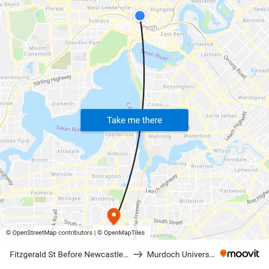 Fitzgerald St Before Newcastle St to Murdoch University map