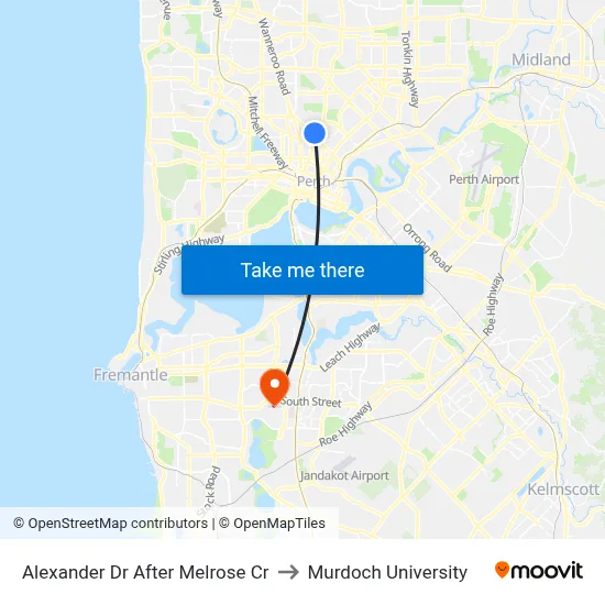 Alexander Dr After Melrose Cr to Murdoch University map