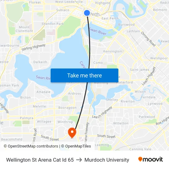 Wellington St Arena Cat Id 65 to Murdoch University map