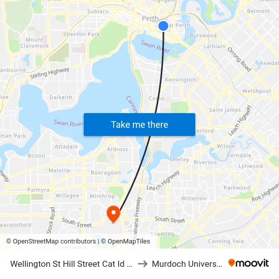 Wellington St Hill Street Cat Id 70 to Murdoch University map