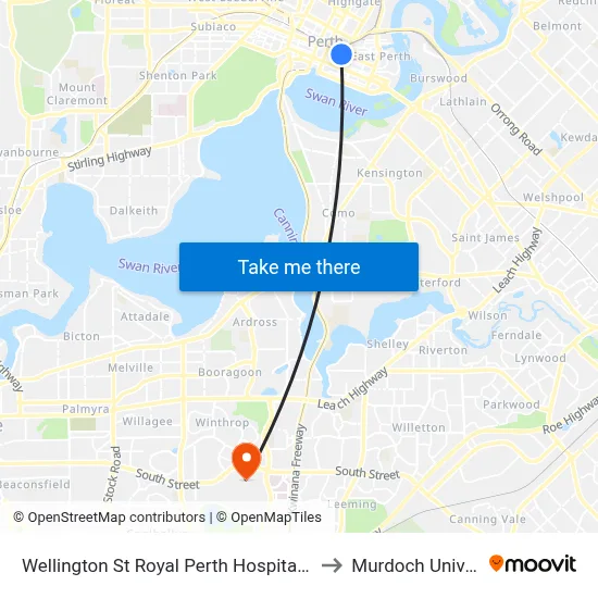Wellington St Royal Perth Hospital Cat Id 56 to Murdoch University map