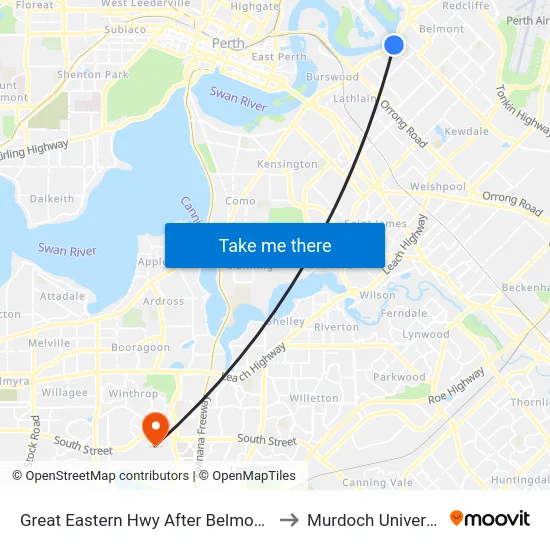 Great Eastern Hwy After Belmont Av to Murdoch University map