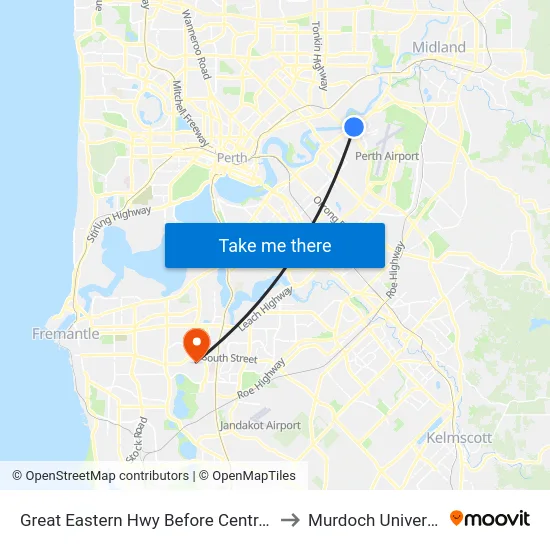 Great Eastern Hwy Before Central Av to Murdoch University map