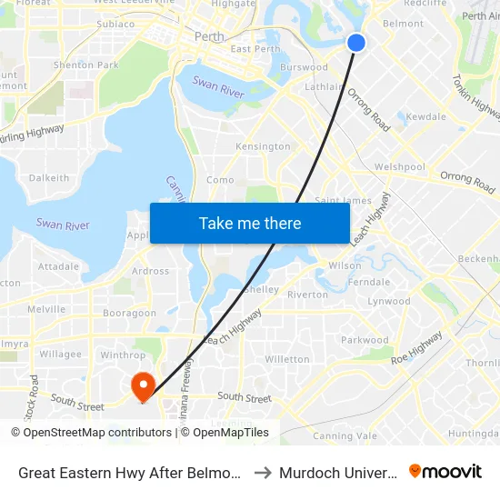 Great Eastern Hwy After Belmont Av to Murdoch University map