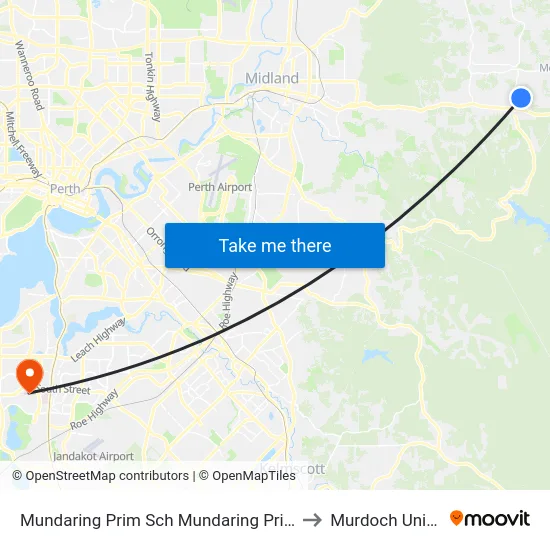 Mundaring Prim Sch   Mundaring Primary School to Murdoch University map
