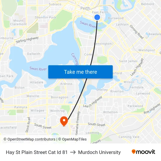 Hay St Plain Street Cat Id 81 to Murdoch University map