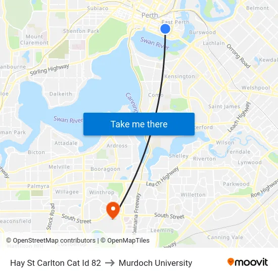 Hay St Carlton Cat Id 82 to Murdoch University map