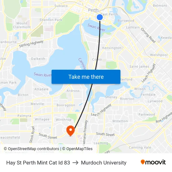 Hay St Perth Mint Cat Id 83 to Murdoch University map