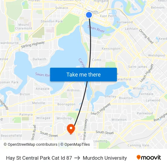 Hay St Central Park Cat Id 87 to Murdoch University map