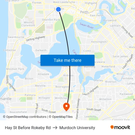 Hay St Before Rokeby Rd to Murdoch University map