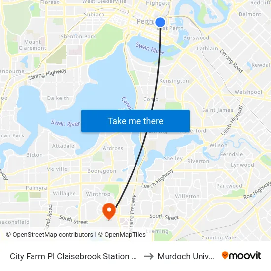 City Farm Pl Claisebrook Station Cat Id 45 to Murdoch University map