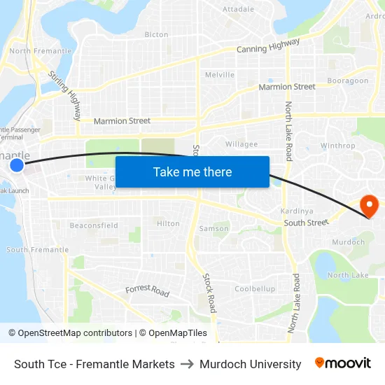 South Tce - Fremantle Markets to Murdoch University map